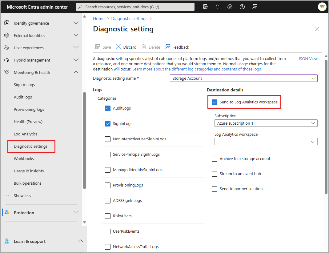 Screenshot of the diagnostics settings with some destination details shown.