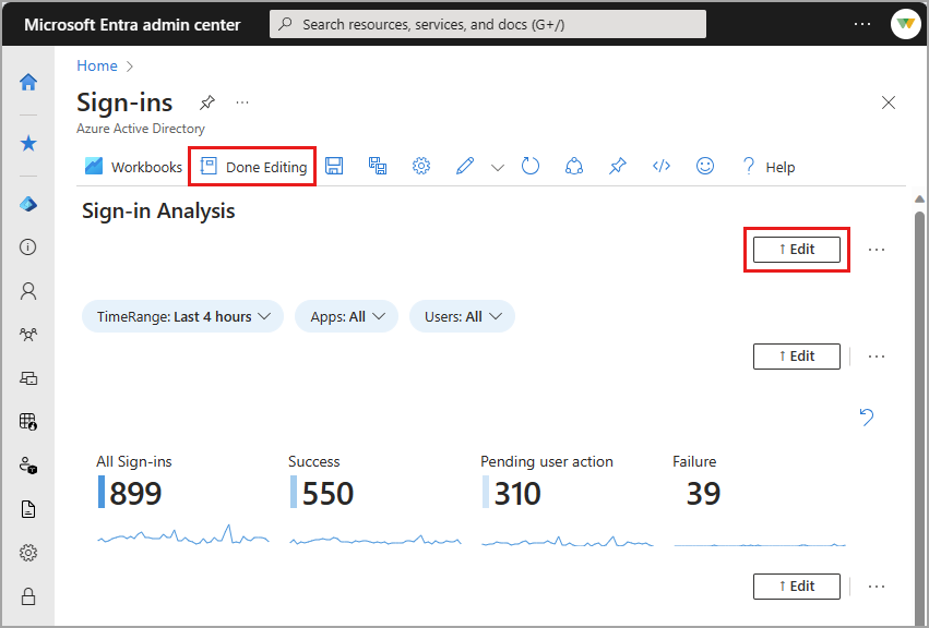 Screenshot of a workbook in edit mode, with the edit element and done editing buttons highlighted.