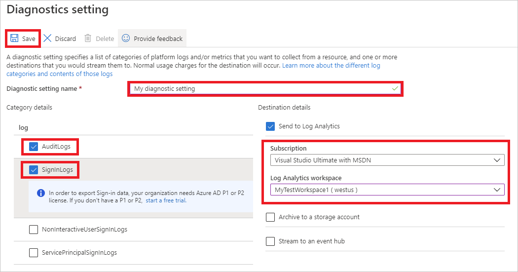Screenshot of the select diagnostics settings options.