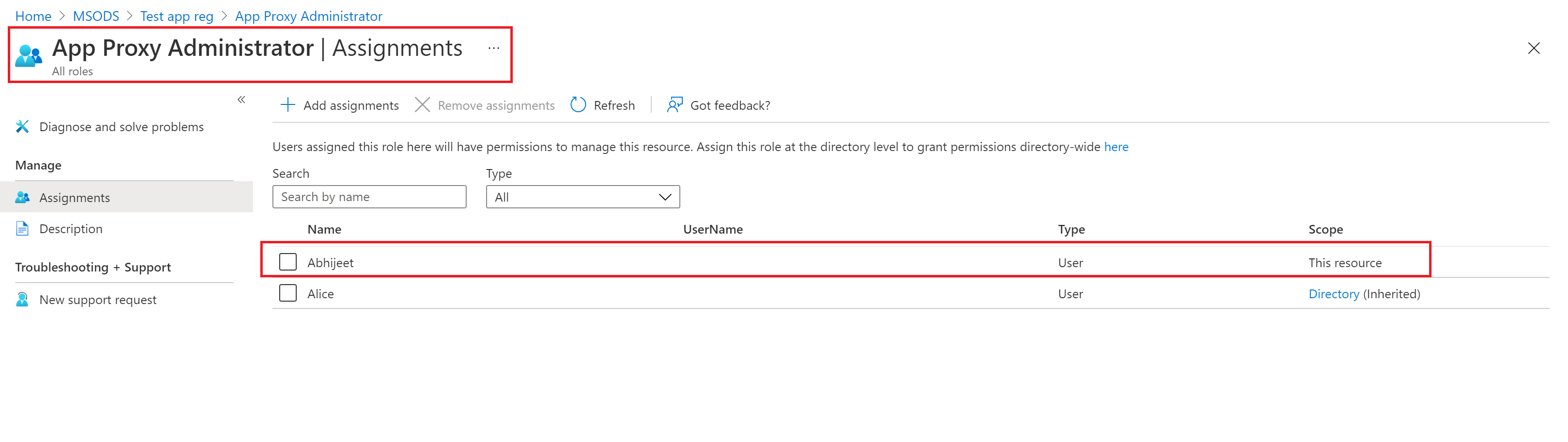 Successfully added role assignment scoped to an app registrations in Microsoft Entra ID.