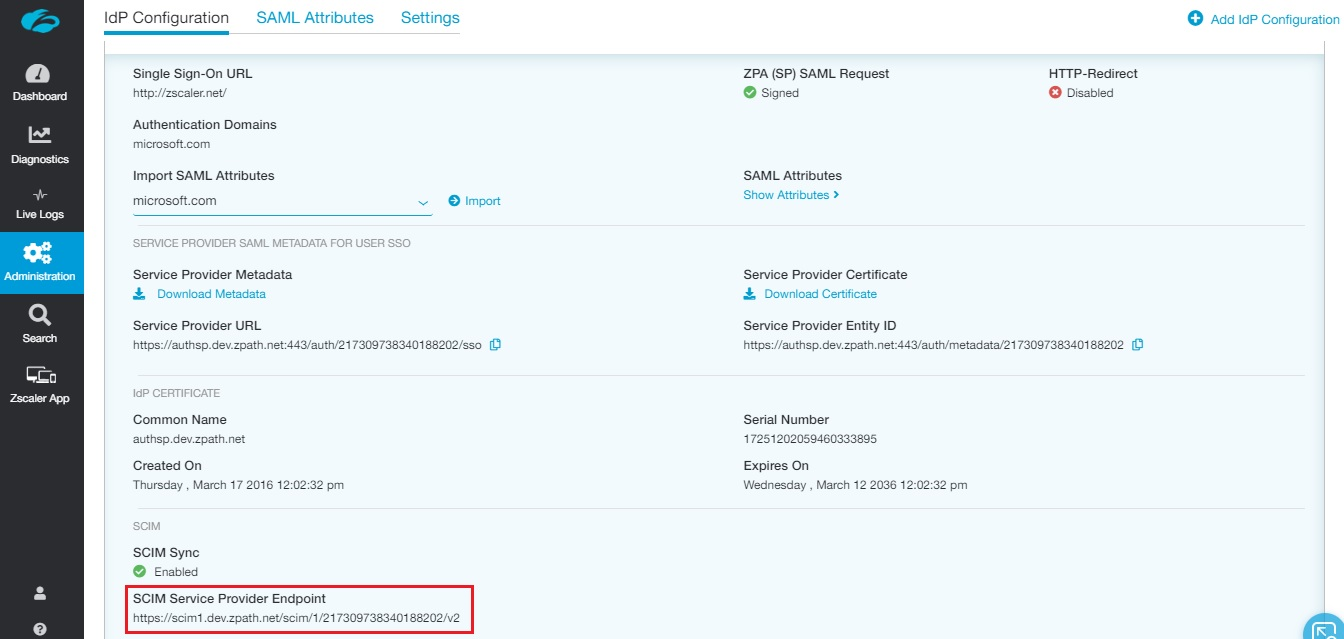 Screenshot of the Zscaler Private Access (ZPA) SCIM URL.