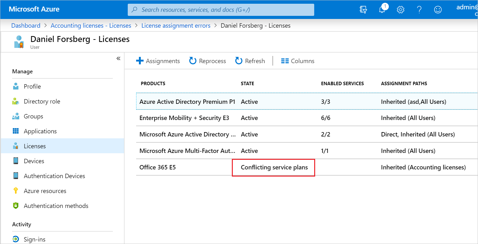 Screenshot of the view of all license conflicts for a user.