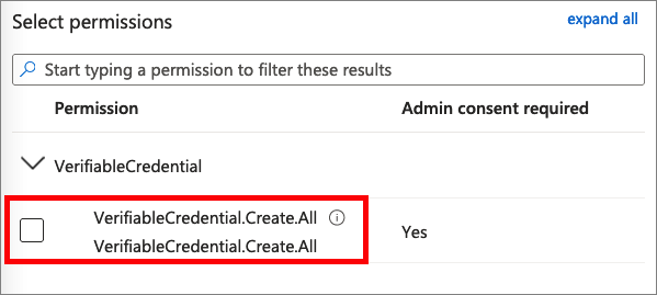 Screenshot that shows how to select the required permissions.