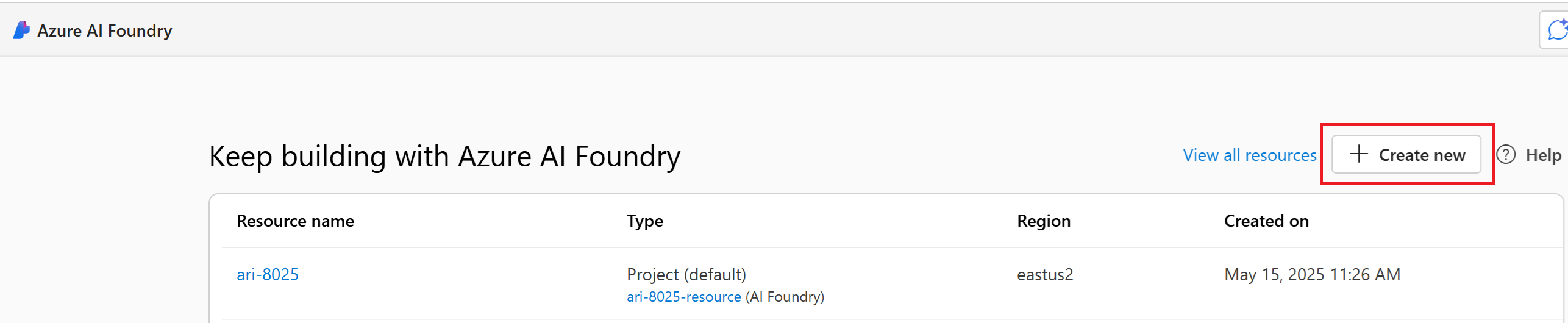 Screenshot shows how to create a new project in Azure AI Foundry.