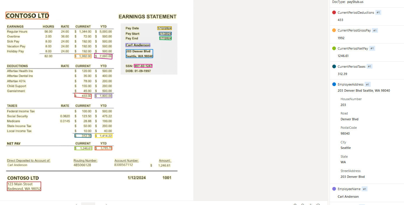 Screenshot of pay stub model extraction using Document Intelligence Studio.