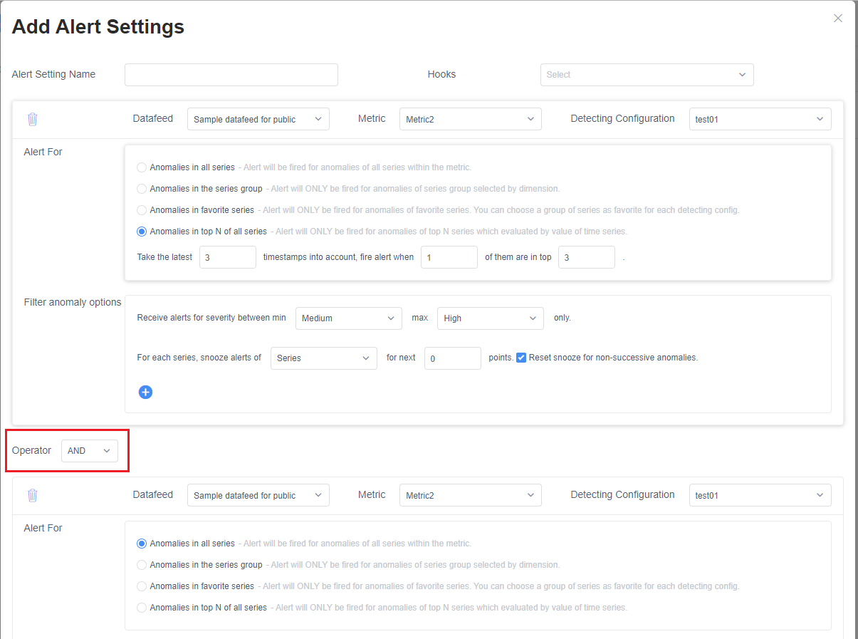 Operator for multiple alert setting sections