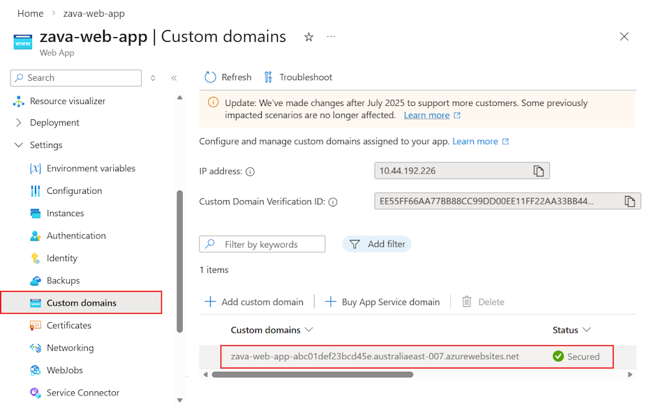 Screenshot that shows the custom domain suffix available for an App Service Environment app in the Azure portal.