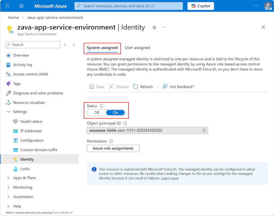 Screenshot that shows a system-assigned managed identity for an App Service Environment in the Azure portal.