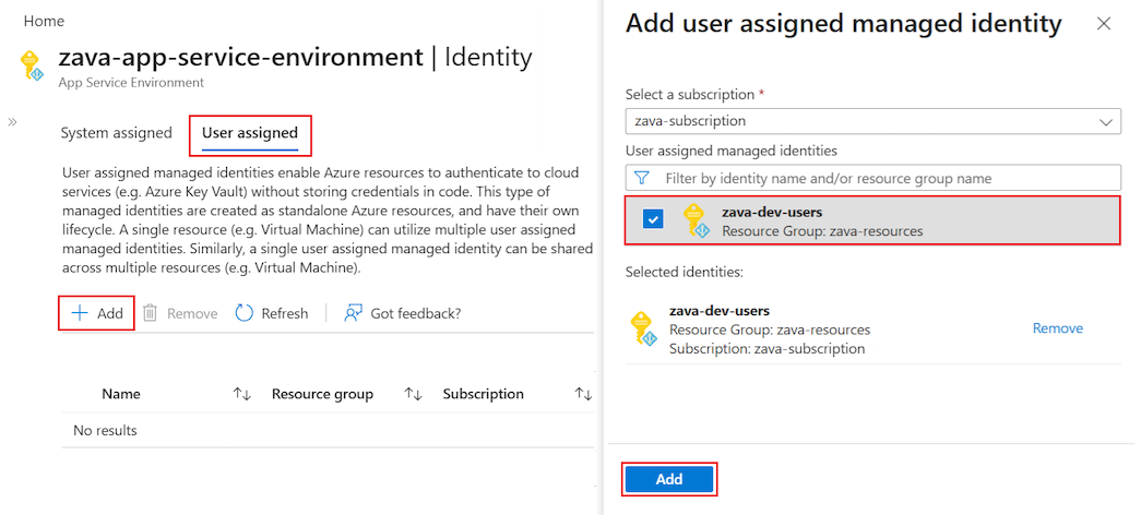 Screenshot that shows how to add a user-assigned managed identity for an App Service Environment in the Azure portal.