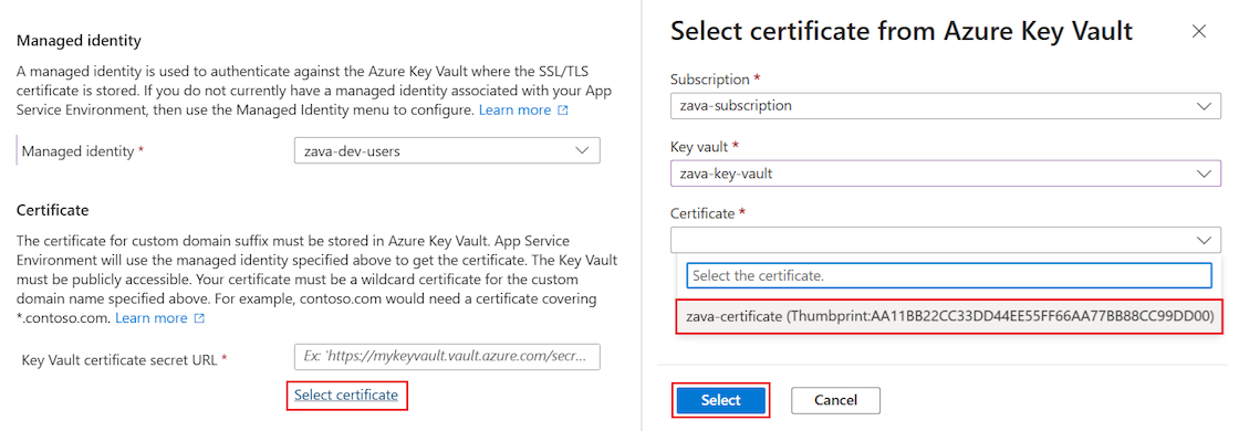 Screenshot that shows how to select the certificate to use for the custom domain suffix in the Azure portal.