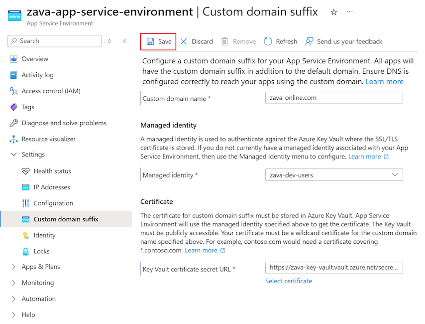 Screenshot that shows how to save your custom domain suffix changes in the Azure portal.