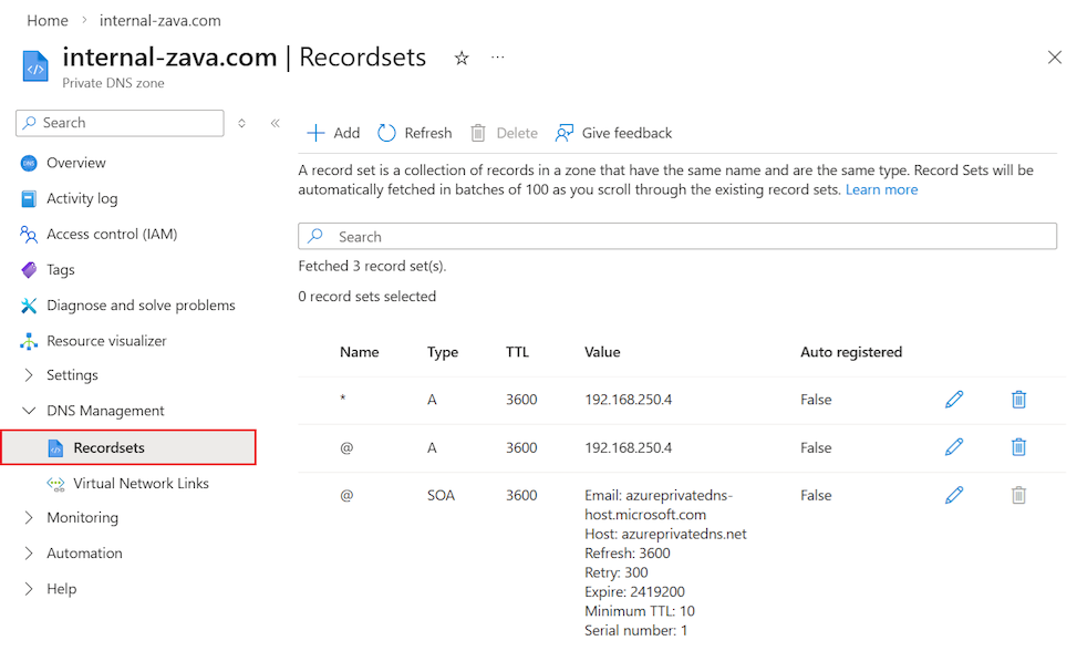 Screenshot that shows the Private DNS zone recordsets in the Azure portal.