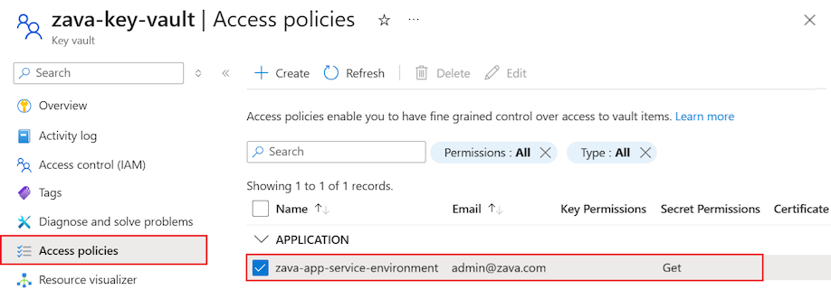 Screenshot that shows a managed identity assigned the 'Get' Secret Permissions access policy on an Azure key vault.