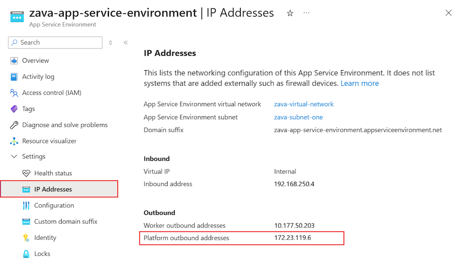Screenshot that shows how to locate the platform outbound addresses for the App Service Environment in the Azure portal.