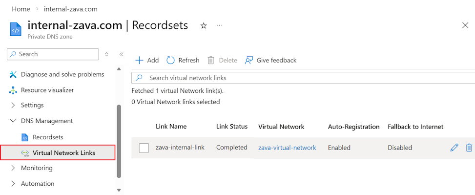 Screenshot that shows the virtual network link between the Private DNS zone and the App Service Environment in the Azure portal.