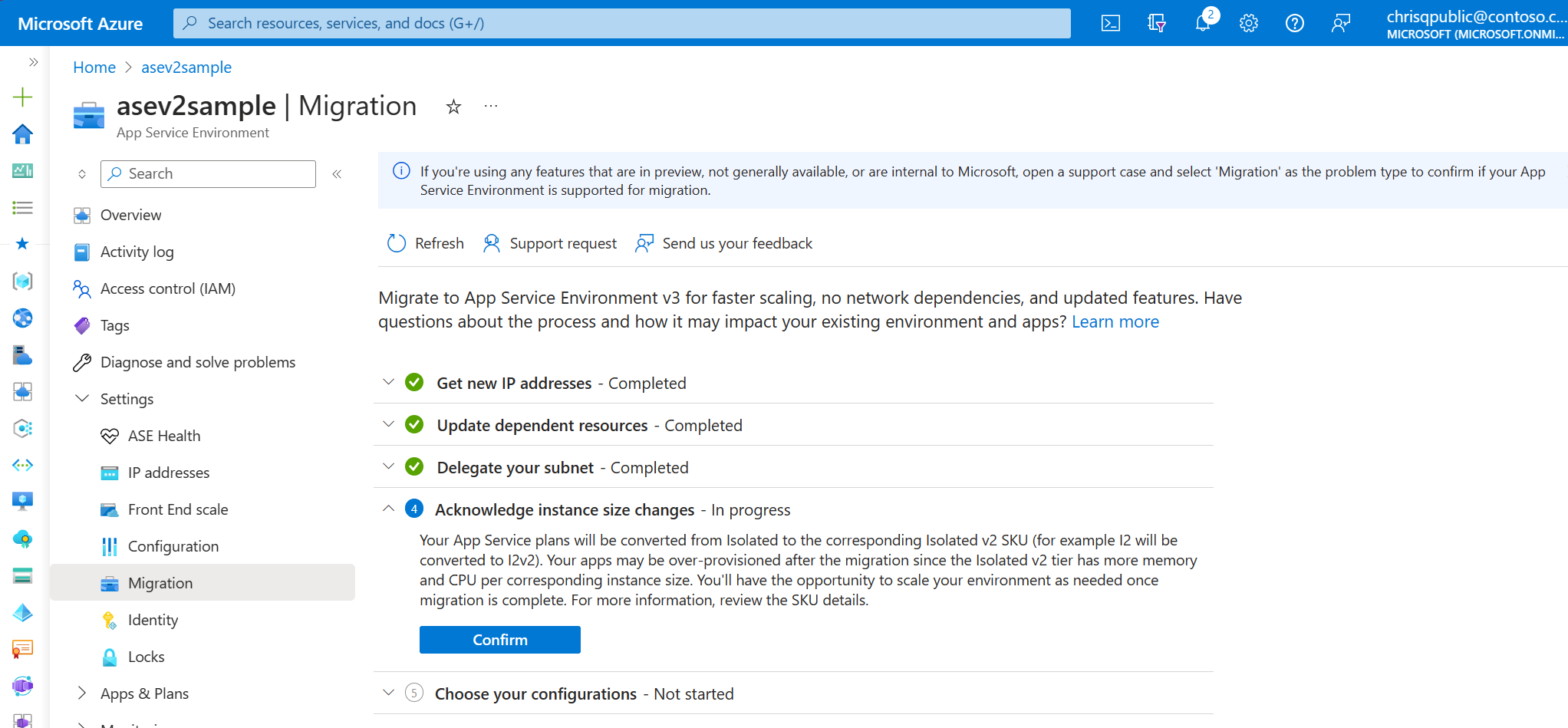 Screenshot that shows acknowledging the instance size changes when migrating.