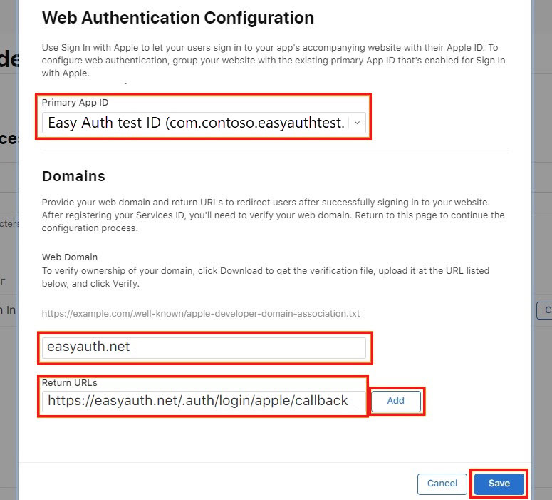 Screenshot shows specifying the domain and return URL for the registration.