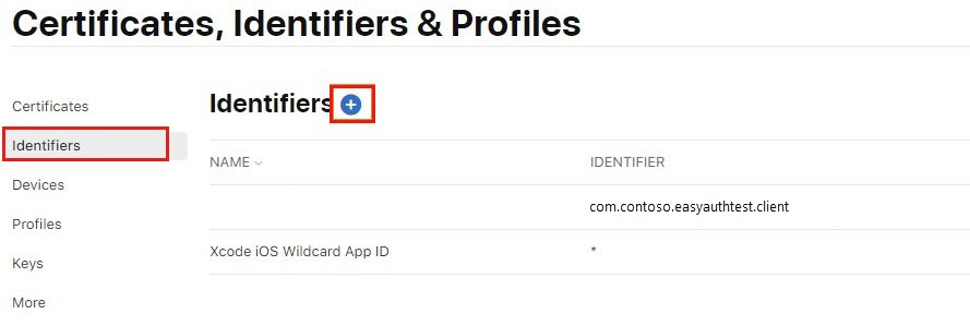 Screenshot shows the Identifier page with the plus icon highlighted in the Apple Developer Portal.