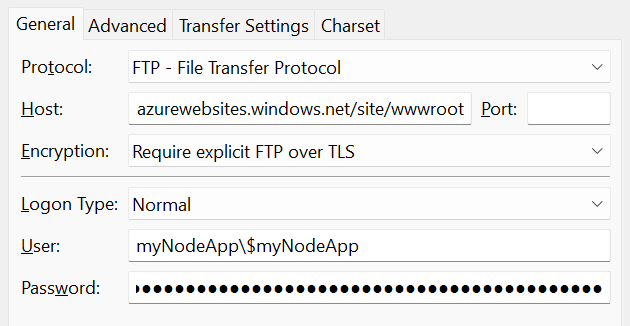 Screenshot of the FTPS connection details.