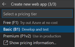 A screenshot of the dialog box in VS Code used to select a pricing tier for the new web app.