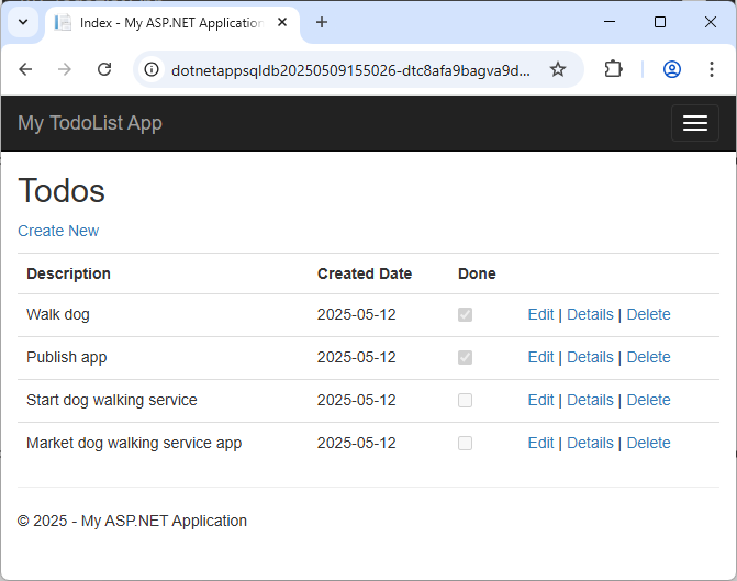 Screenshot that shows the Azure app after Code First Migration.