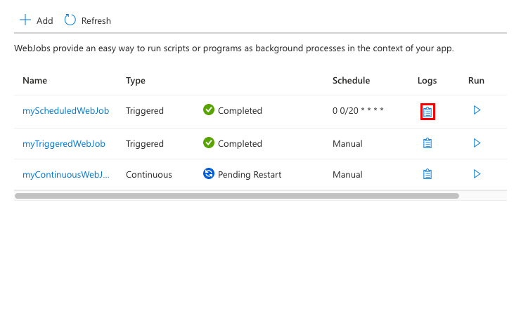 Screenshot that shows how to access logs for a WebJob.