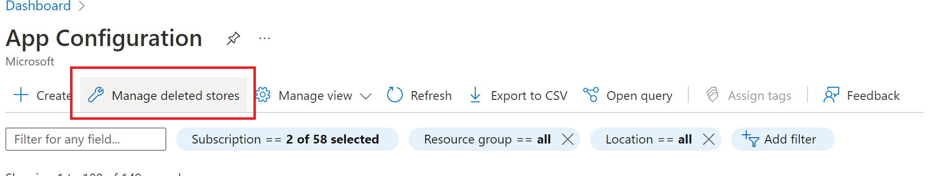 On App Configuration stores, the Manage deleted stores option is highlighted.
