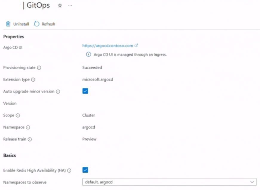 Screenshot showing the link to access the Argo CD UI in the Azure portal.