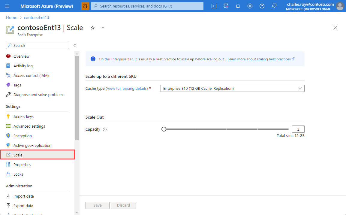 Screenshot showing Scale selected in the Resource menu for an Enterprise cache.