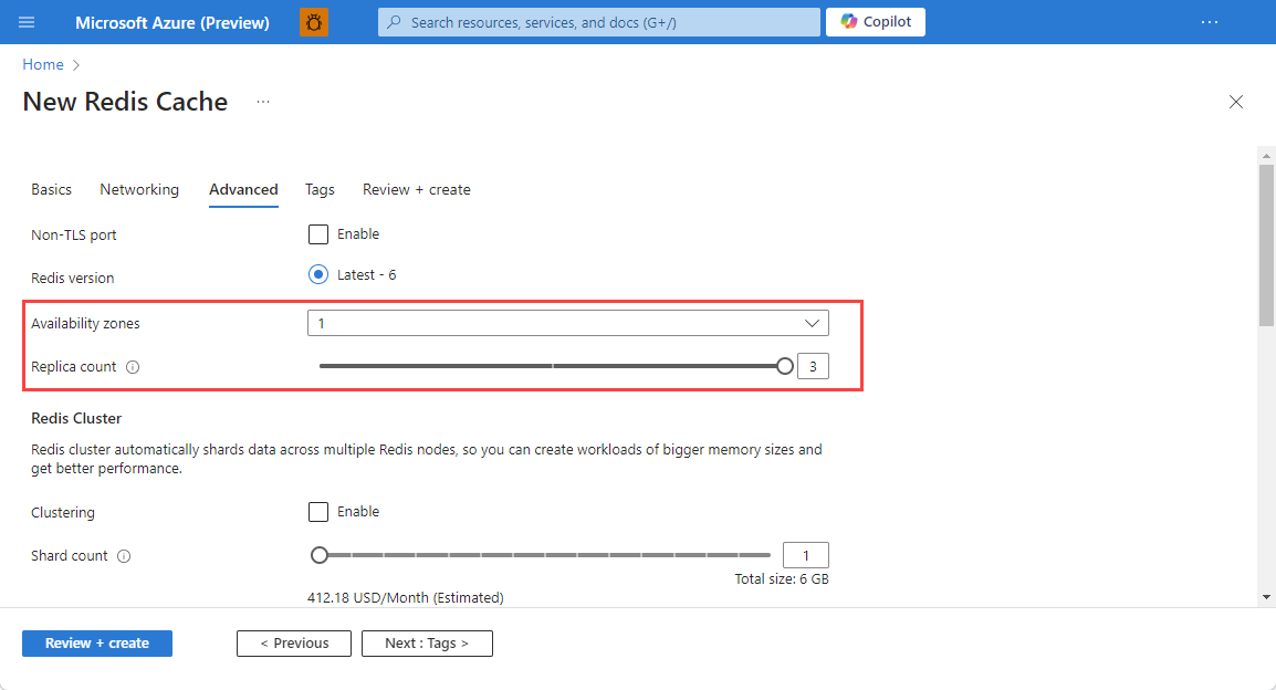 Screenshot showing Availability zones set to one and Replica count set to three.