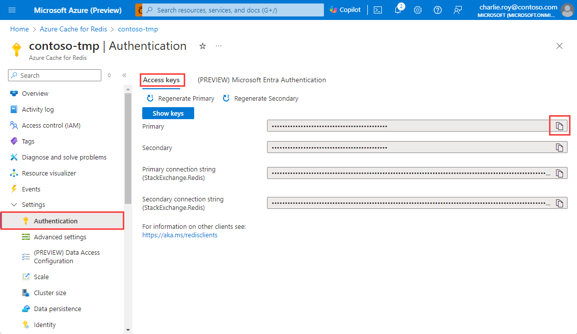 Screenshot that shows the primary connection string for an access key.