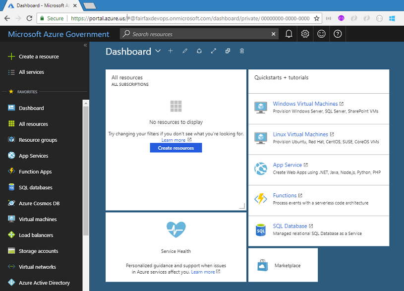 Screenshot of Azure Government portal.