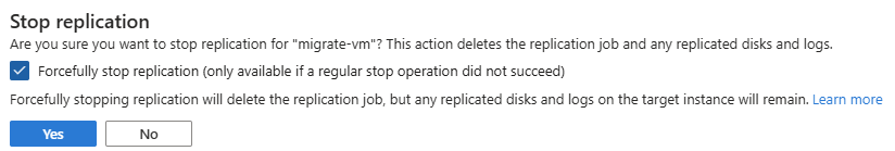 Screenshot of force stop replication option for Azure Migrate replications to Azure Local.