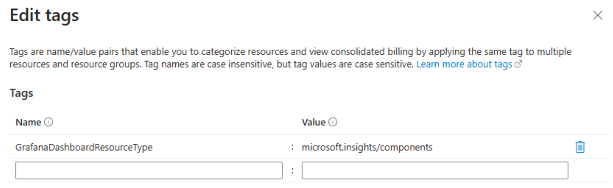 A screenshot of the Grafana dashboard edit tags window.