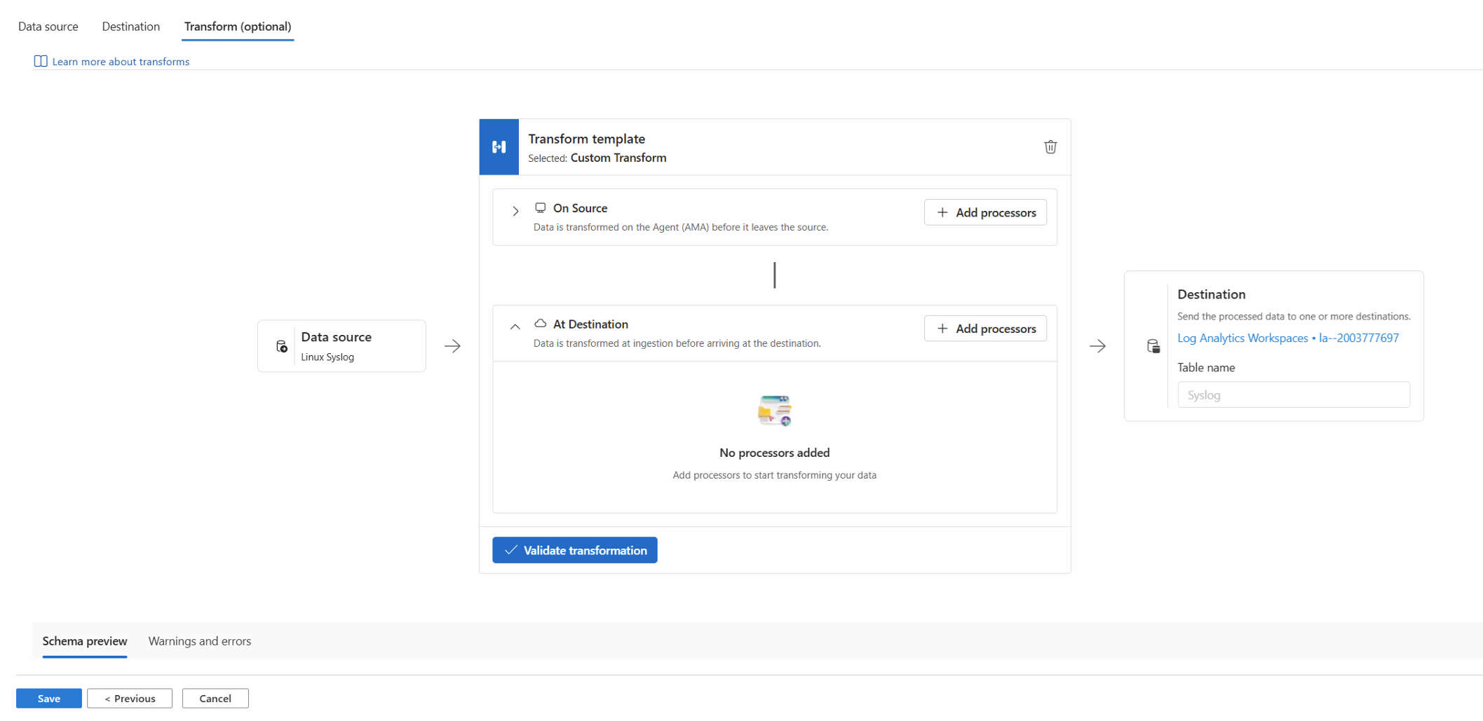 Screenshot that shows the multi-stage transform template section of the DCR creation.