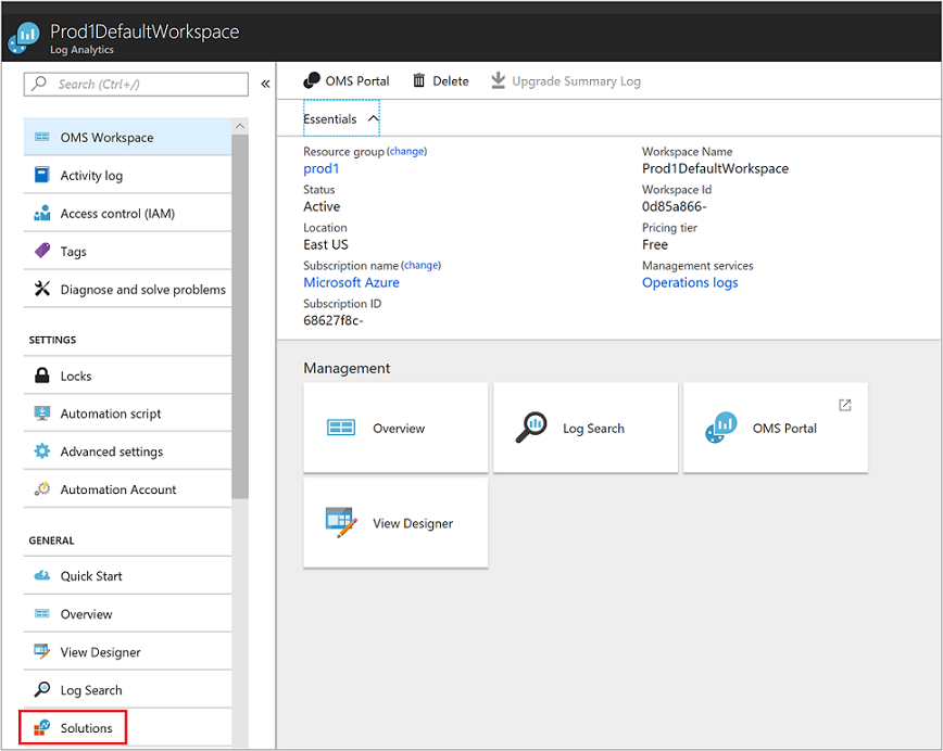 Screenshot that shows selecting the Solutions option in the workspace.