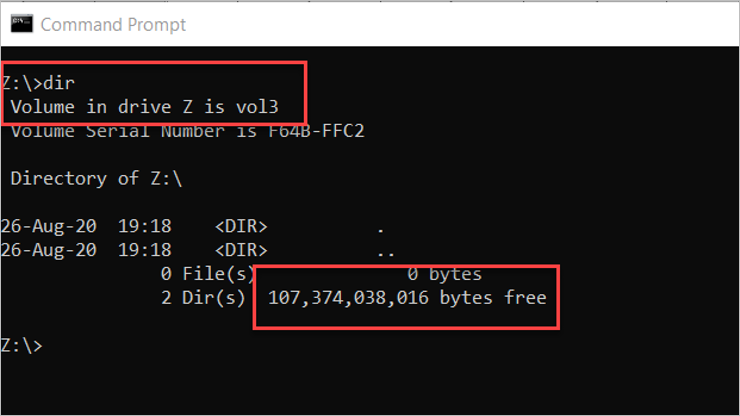 Screenshot that shows using the dir command to display capacity.