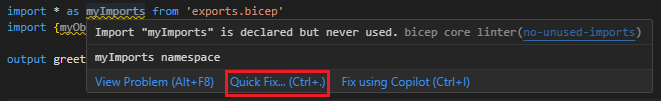 A screenshot of using Quick Fix for the no-unused-variables linter rule.