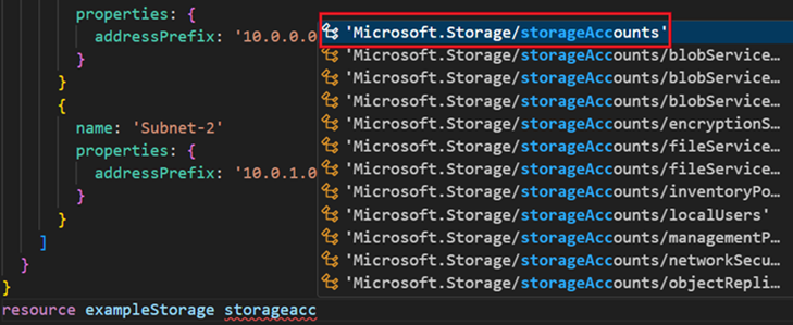 Screenshot of selecting storage accounts for resource type.