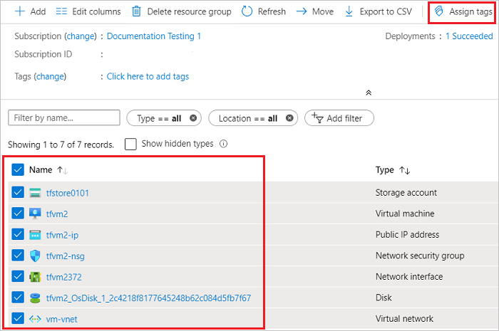 Screenshot of Azure portal showing multiple resources selected for bulk tag assignment.