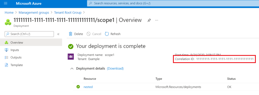 Screenshot of management group deployment history that highlights correlation ID.