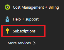 Screenshot of the Azure portal with search box and Subscriptions highlighted.