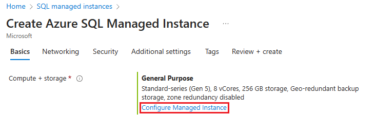 Screenshot of the Create Azure SQL Managed Instance page in the Azure portal, with Configure Managed Instance selected.