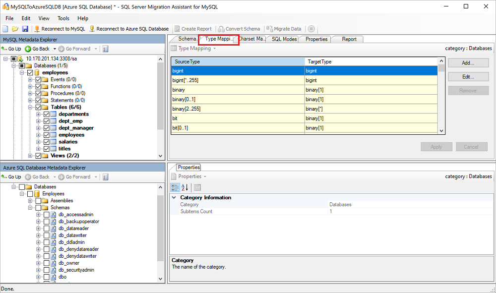 Screenshot of the 'Type Mapping' pane in SSMA for MySQL.