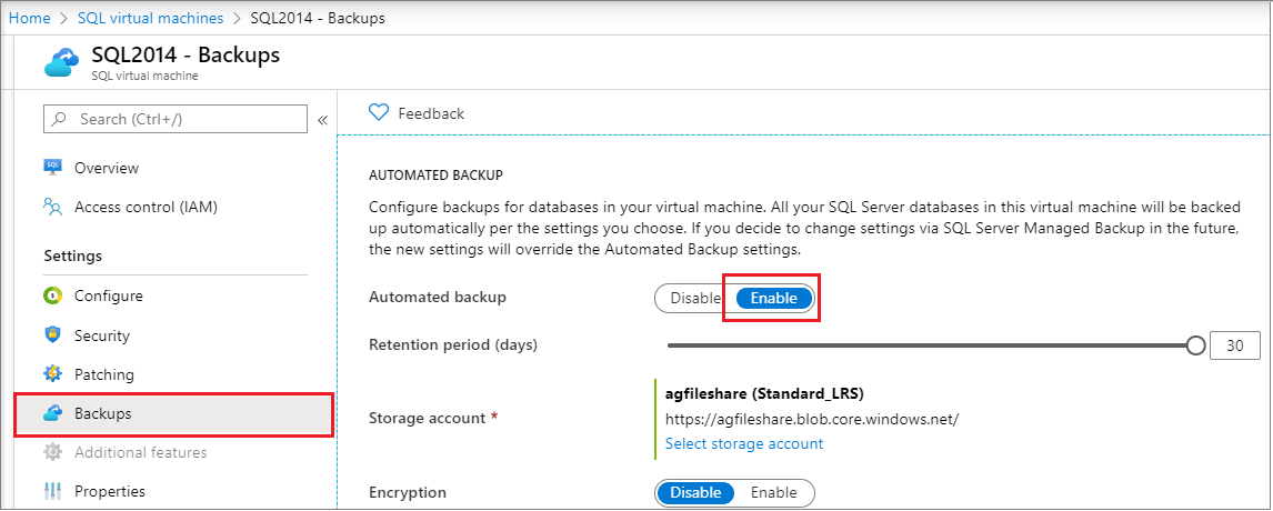 Screenshot of SQL Automated Backup for existing VMs.