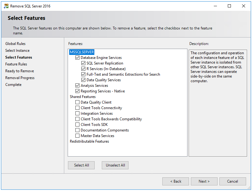 Screenshot showing which features to select to uninstall SQL Server.