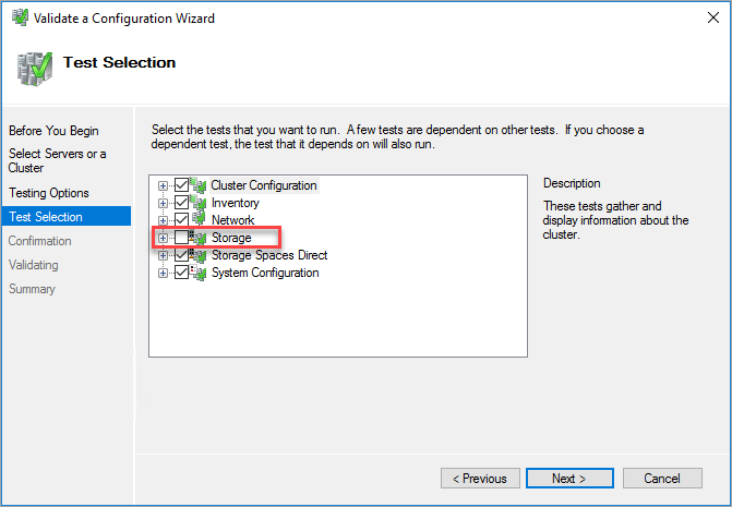 Screenshot of the Select cluster validation tests.