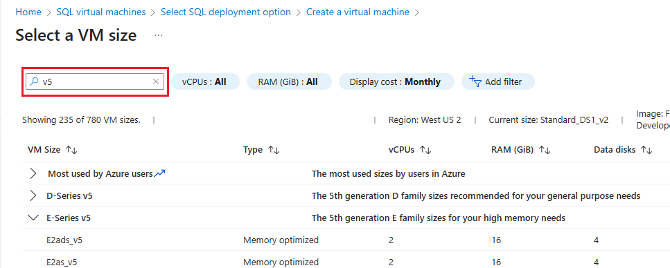 Screenshot of the select a VM size page of the Azure portal. 