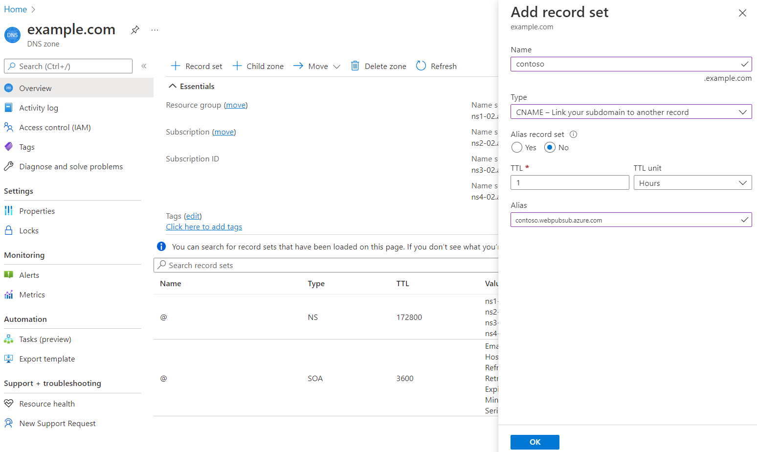 Screenshot that shows adding a CNAME record in Azure DNS Zone.