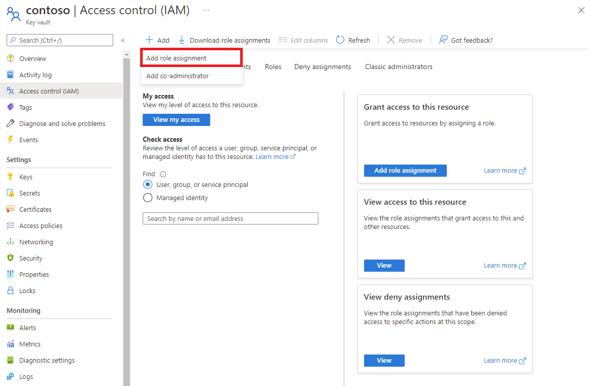 Screenshot that shows the key vault Access control pane.